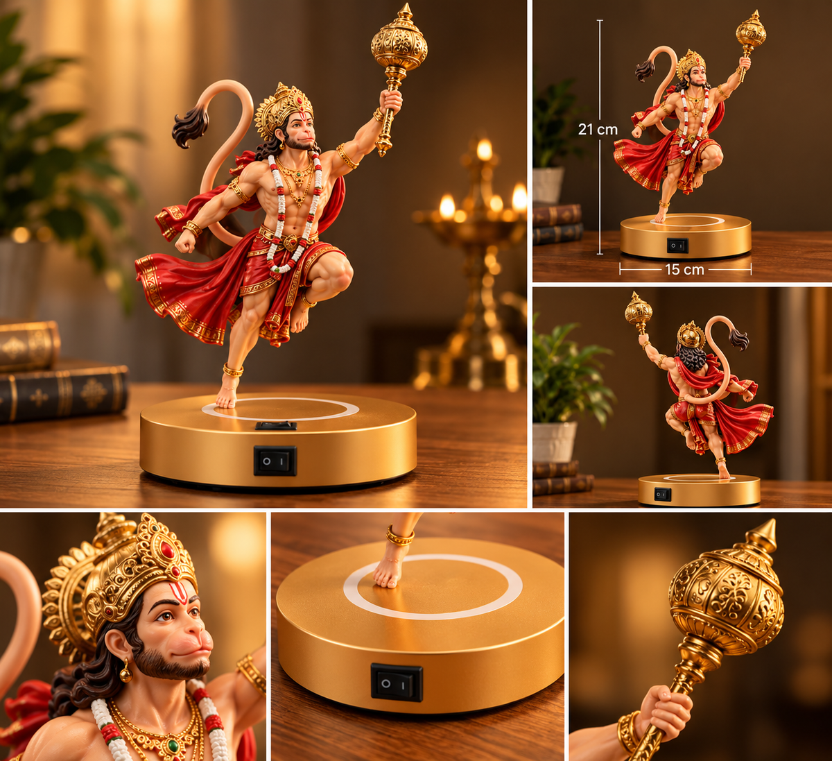 Floating Lord Hanuman Idol with LED Base | Premium Hanuman Ji Decorative Statue | Magnetic Levitation Style Table Décor | Home, Pooja Room & Office Decoration