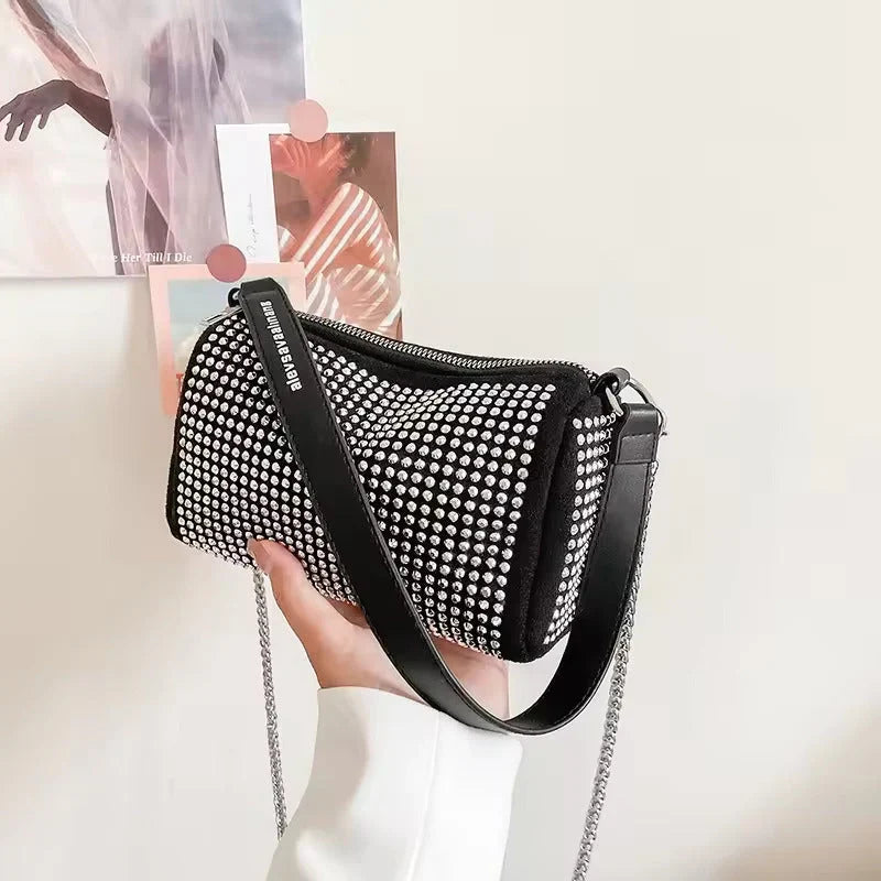 Women’s Rhinestone PU Shoulder Bag – Compact Square Design with Chain Detail