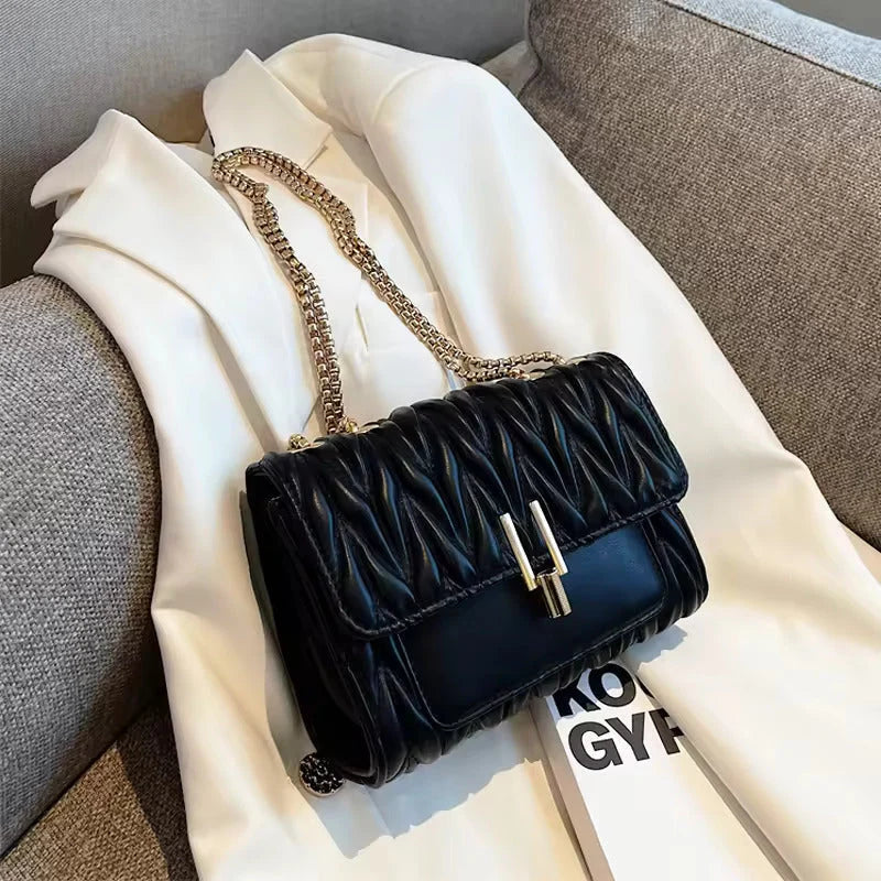 Women’s Embossed PU Leather Shoulder Bag – Geometric Pattern with Chain Detail