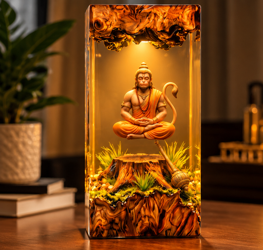 Meditating Lord Hanuman Resin Statue with LED Light | Premium 3D Hanuman Ji Decorative Idol | Spiritual Home Décor | Pooja Room, Office & Gifting