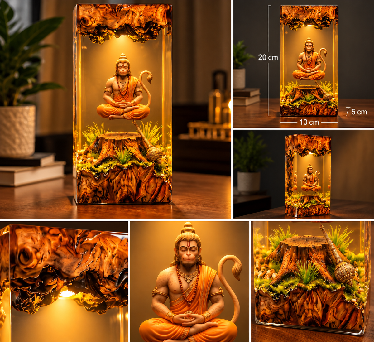 Meditating Lord Hanuman Resin Statue with LED Light | Premium 3D Hanuman Ji Decorative Idol | Spiritual Home Décor | Pooja Room, Office & Gifting
