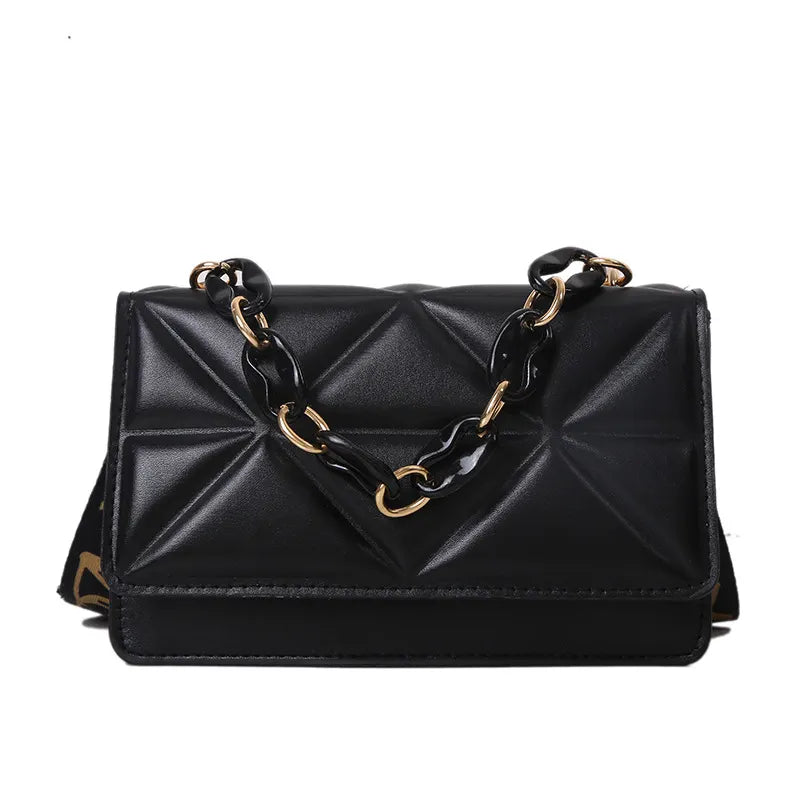Women’s Embossed Plaid PU Shoulder Bag – Compact Crossbody Messenger Bag with Chain Detail