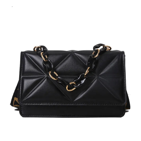 Women’s Embossed Plaid PU Shoulder Bag – Compact Crossbody Messenger Bag with Chain Detail