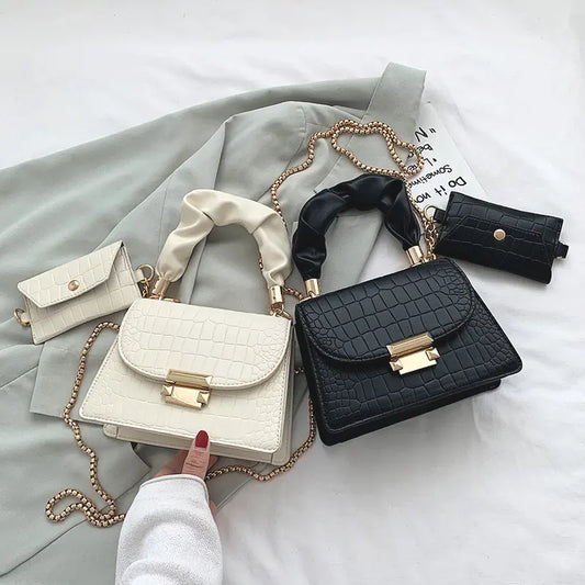 Women’s Crocodile Print PU Leather Shoulder Bag – Casual Mini Tote with Chain Strap