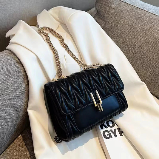 Women’s Embossed PU Leather Shoulder Bag – Geometric Pattern with Chain Detail