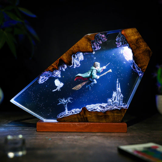 Handmade Wizard-Inspired Resin Wooden Lamp – 16-Color RGB Night Light